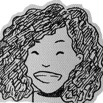 black and white marker sketch showing smiling woman with curly black hair